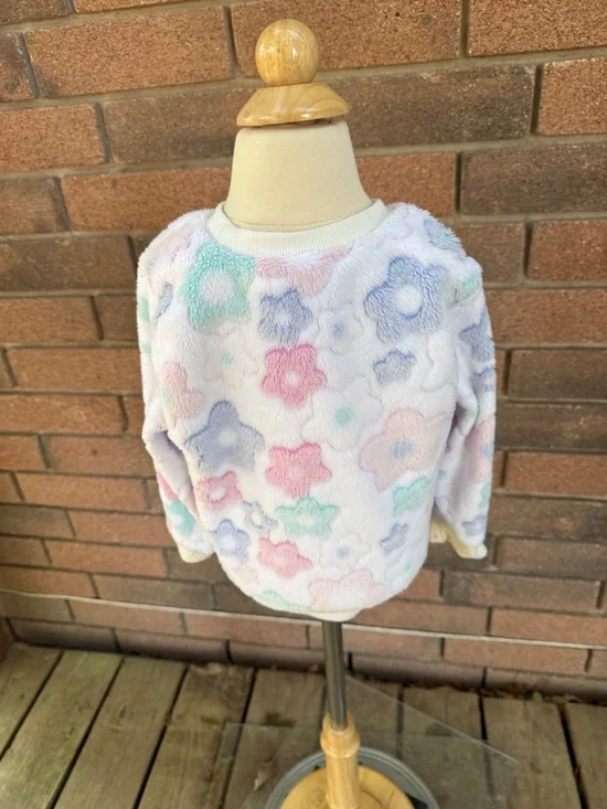 Kids Floral Plush Sweatshirt - Pastel Multicolor Size 4 - Picture 3 of 5
